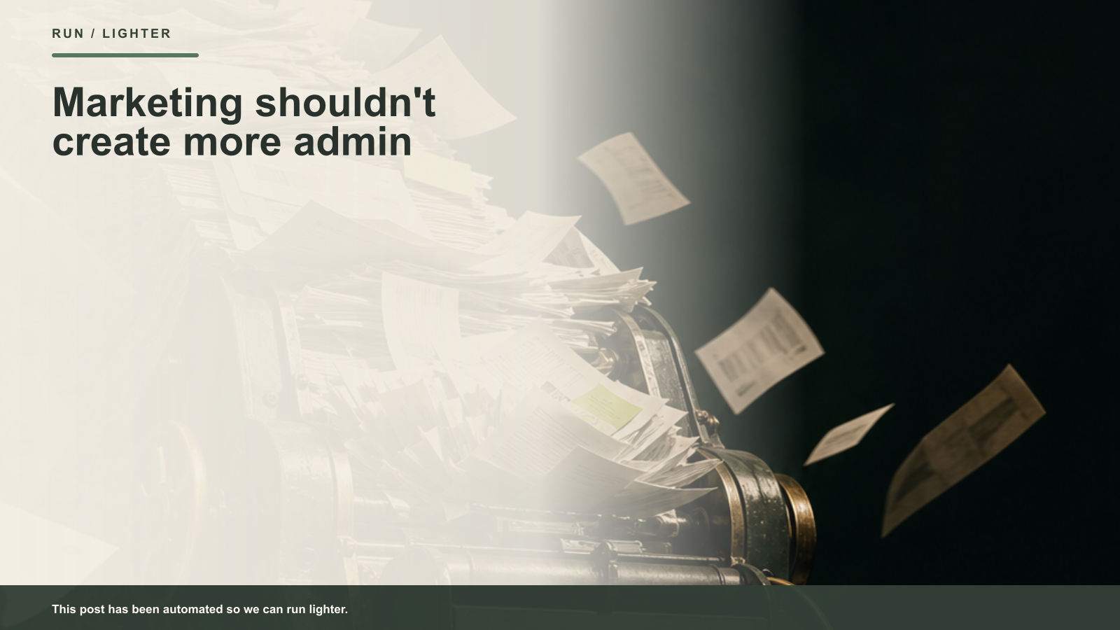 A towering pile of marketing paperwork being crushed through a dark green industrial machine, with one clean campaign card emerging.