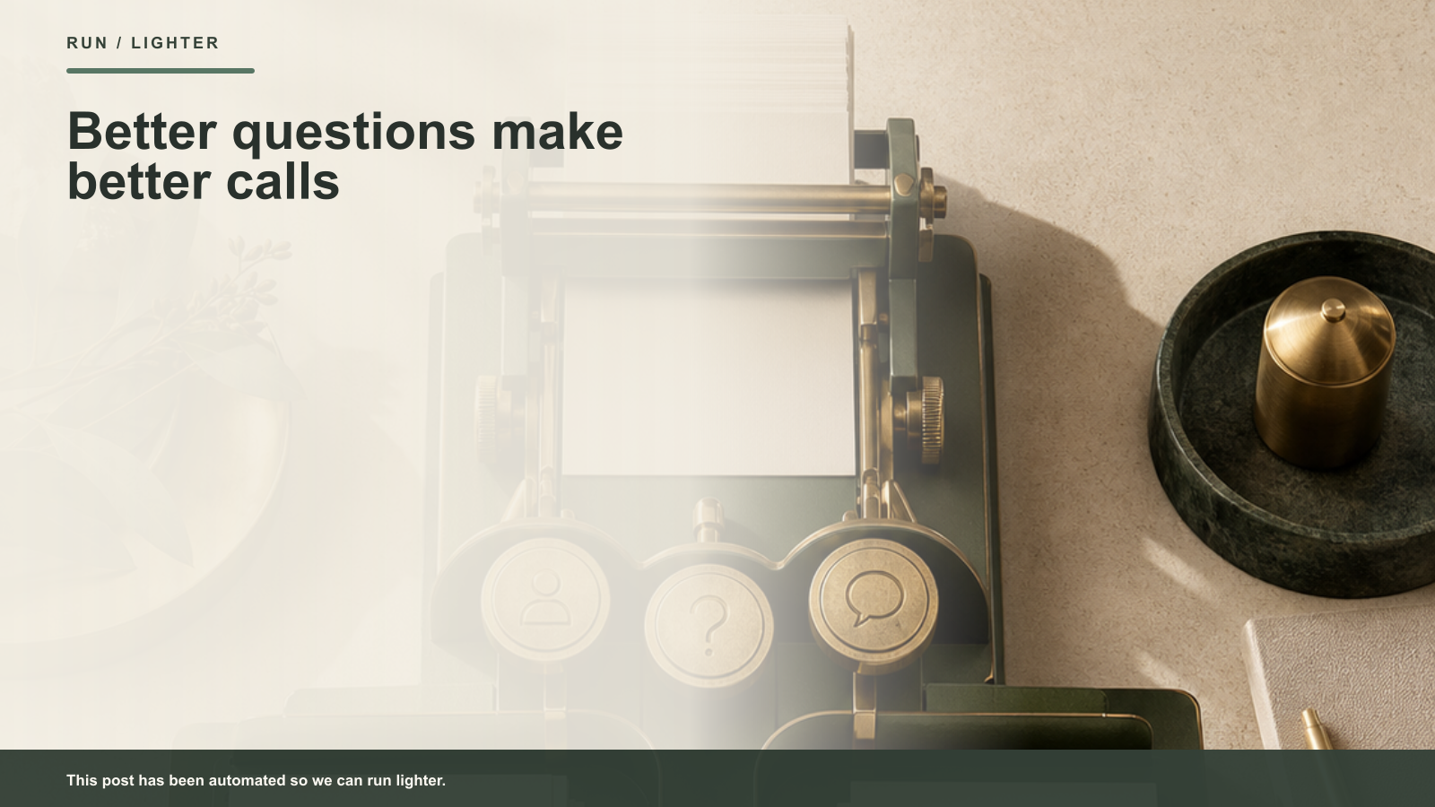 A dark green and brass question-sorting machine turning enquiry cards into a prepared customer conversation.