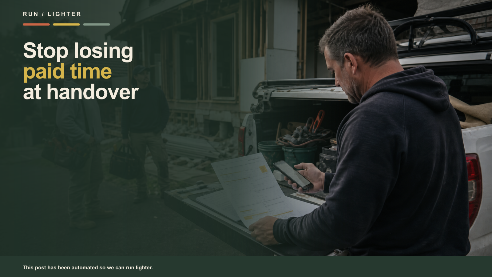 Sydney site supervisor checking an accepted quote and job-start details at a work ute while two crew members wait.