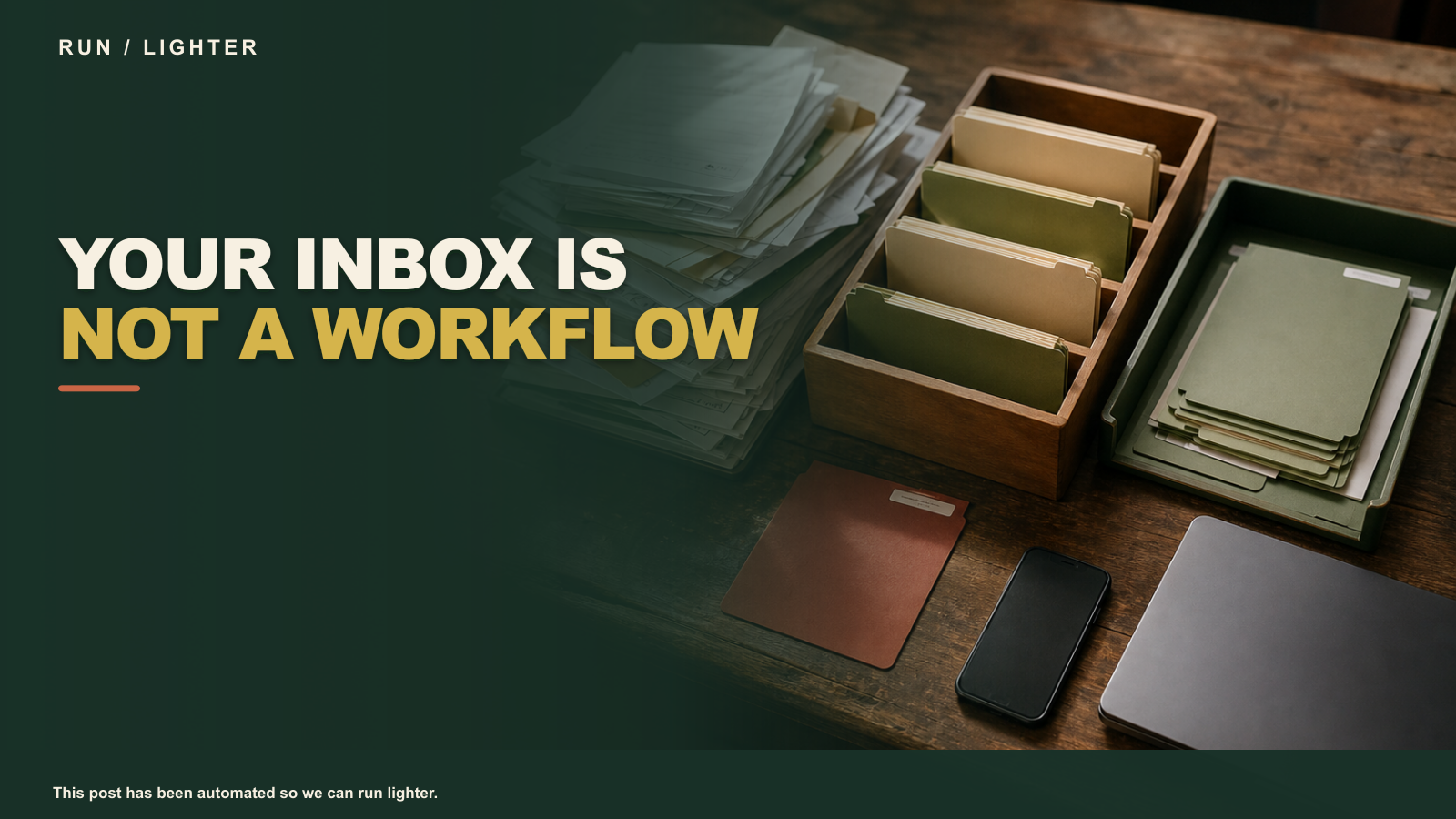 A service business dispatch desk where incoming enquiry forms move through routing trays, with one terracotta exception card set aside for human review.