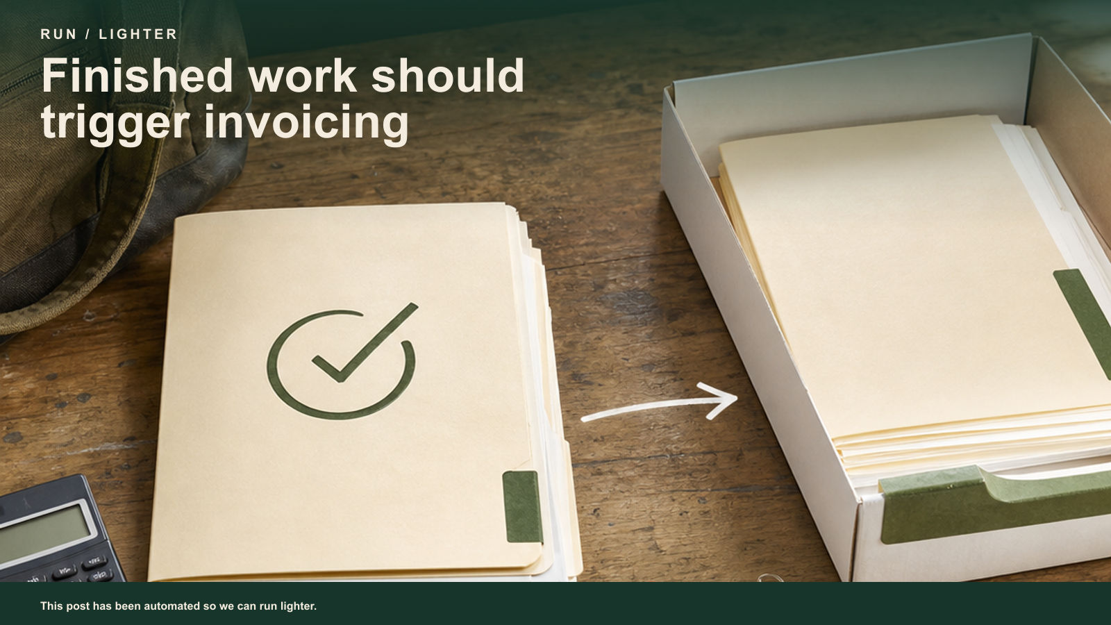 A completed service job folder moves towards an invoice preparation tray on a worn workbench, while a terracotta exception card remains aside for human review.