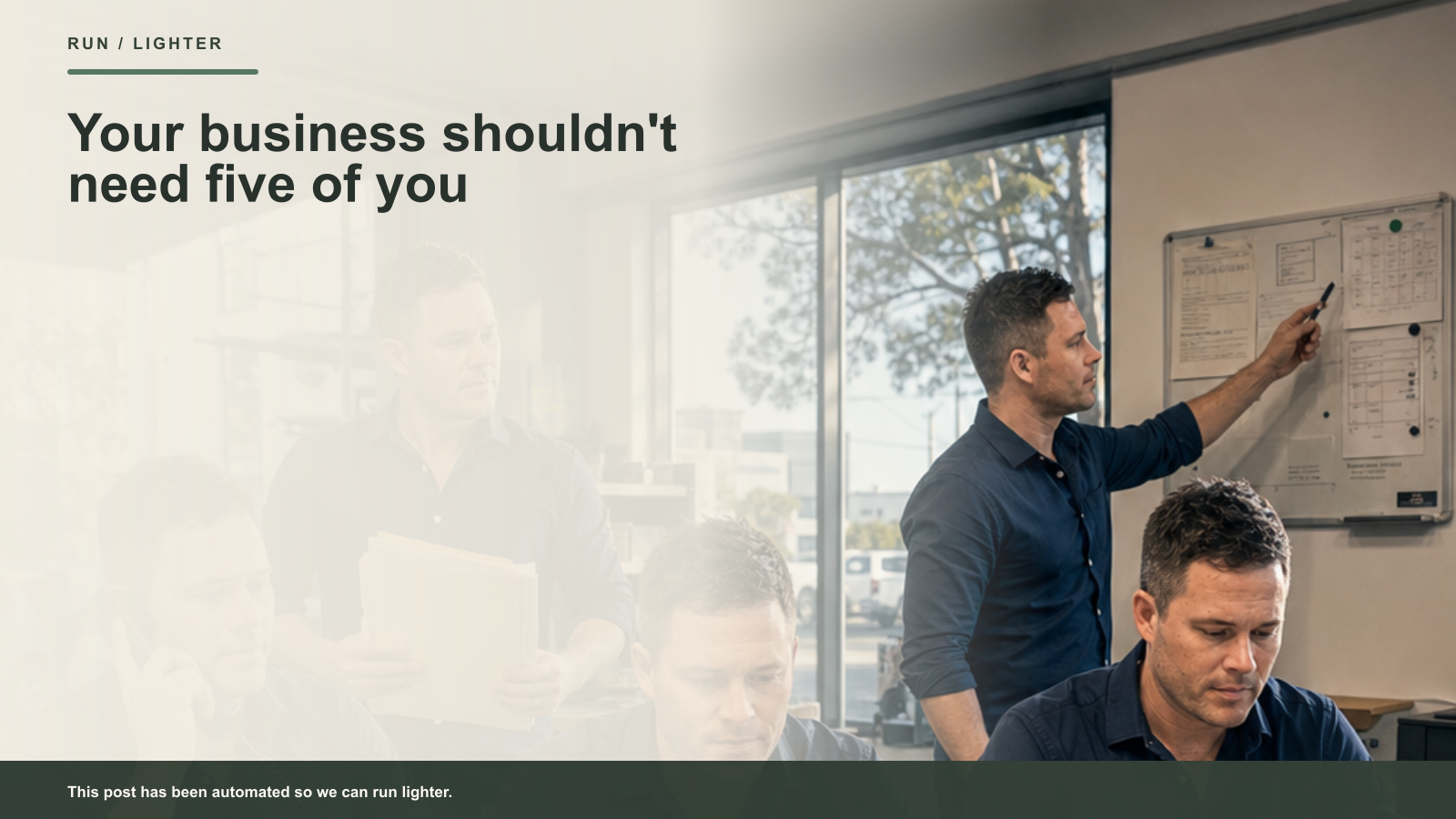 Five versions of the same Sydney business owner handling calls, paperwork, approvals and customer work at once, illustrating owner dependency.