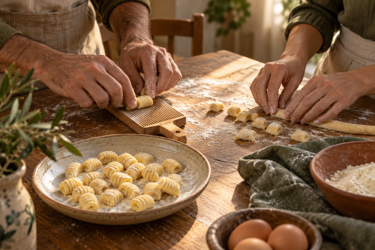 Conceptual illustration of two adults making fresh pasta together at a warmly lit wooden table
